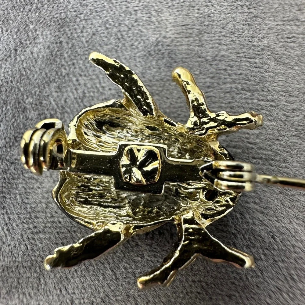 Ladybug Beetle Brooch‎ Black Enamel Red Polka Dot Green Eyes Gold Tone Vintage